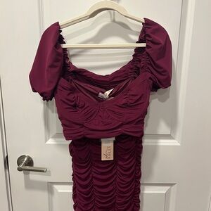 Oh Polly Burgundy Ruched Midi Dress